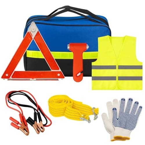 M.J COMFY-LIFE 7-in-1 Car Emergency Breakdown Safety Kit with Jump Leads, Tow Rope, Warning Triangle, Hi-Vis Vest, Emergency Hammer for Vehicle Roadside Assistance