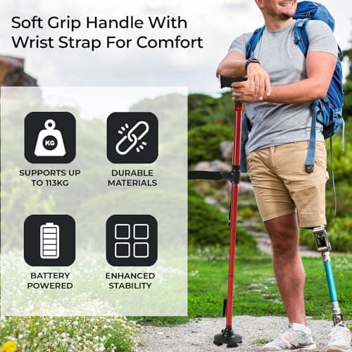 TJC Folding Cane Walking Stick with LED Light & SOS Alarm - Lightweight, Adjustable & Portable with Balancing Quad Base - Mobility Aid for Elderly with Dual Handle & Strap for Carrying - Red — view 3
