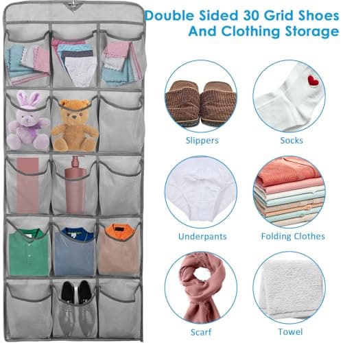 Over Door Storage Organiser, Double-Side Hanging Shoe Storage Organizer with 30 Large Pockets, Large Capacity Back of Door Storages with Rotating Hanger for Bedroom Closet Laundry Room(2pcs grey) — view 2