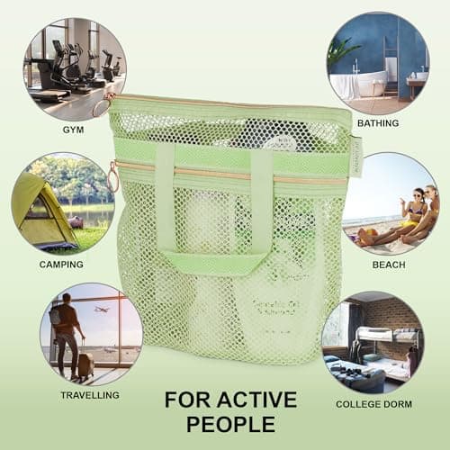 DV Lifestyle Mesh Shower Bag 25 x 26cm Caddy with Zipper & 2 Pockets. Quick-Dry Portable Toiletry Tote for Bathroom, Gym, Travel, Camp, Beach, for Sunscreen, Dorm & College Essentials (Light Green) — view 2