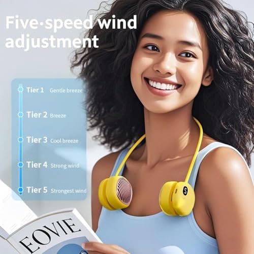 Foluu Rechargeable Neck Fan with 5 Speeds & Digital Display - Portable Hands-Free Personal Fan with 120 Blades Turbine, 360° Flexible Silicone, Ultra-Quiet 40dB - for Travel, Sports, Office (Yellow) — view 6
