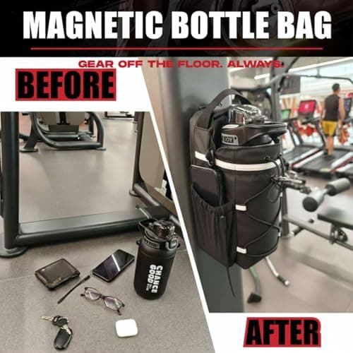 IAGOM Magnetic Gym Bag 3-Piece Set with Water Bottle & Towel - 8 Strong Magnets Fitness Pouch for Racks & Equipment, Upgraded Wide Comfort Shoulder Strap, Workout Essentials Bag for Men & Women — view 6