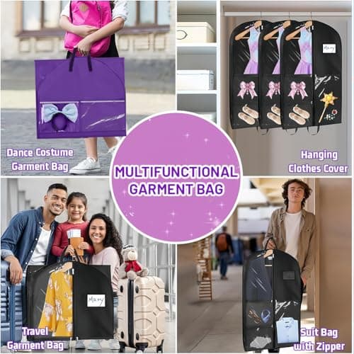AMFUN Suit Bag with Zipper, Dance Costume Garment Bags for kids, Waterproof Hanging Suit Bags, Foldable Lightweight Garment Bags, Lightweight Clothes Cover for Wardrobe and Travel, Purple — view 6