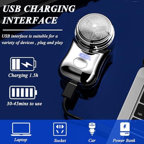 Portable USB Electric Razor for Men, USB Mini Electric Shaver, Pocket Size Electric Shave, LED Digital Display Small Electric Face Beard Shaver for Home Car Travel, Men Best Gift (Silver) — view 6