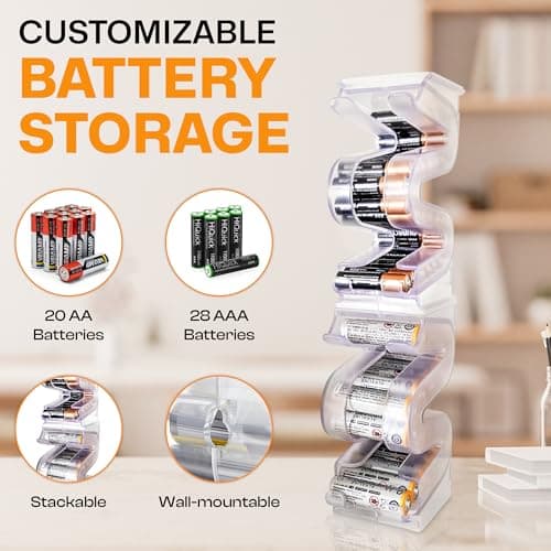 Kalinar Battery Ladder Organizer Case for AA & AAA Batteries - Stackable or Mounted Vertical Storage Battery Dispenser for Home, Garage, & Workshop (2 -Pack, Holds 20 AA & 28 AAA Batteries) — view 4