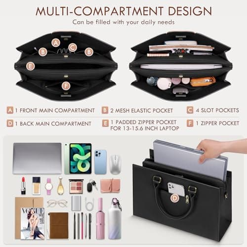 RAINSMORE Laptop Bags for Women PU Leather Work Bags for Women Tote Bag Large Handbag Shoulder Bag for Office 15.6 Inch Business Black with White and Brown — view 5