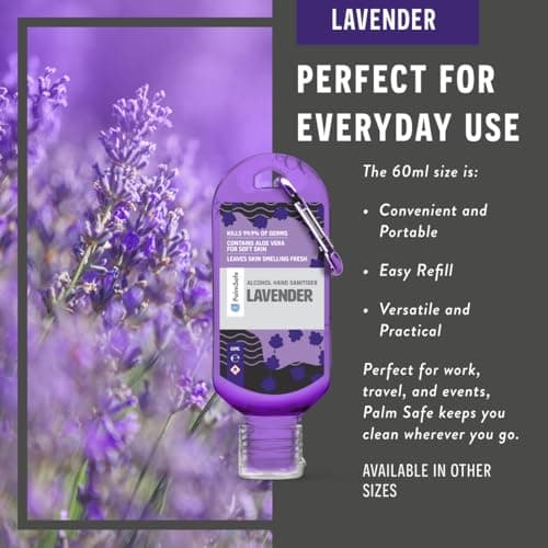 Palm Safe Lavendar 60ml Anti Bacterial Premium Hand Sanitiser Travel Size Refillable Clip Bottle Quick Drying Non Sticky Extra Moisturising Kills 99.9% of Viruses and Bacteria — view 4