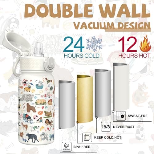 GOPPUS 350ml/12oz Kids Stainless Steel Water Bottle with Straw Toddler Drinks Bottle with Handle Small Insulated Bottles for Girls Boys School Cold Metal Flask with Flip Top Lid BPA Free (White Dog) — view 5