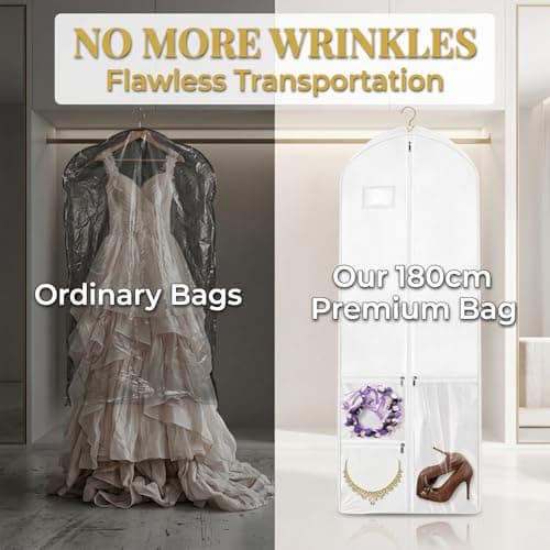 Vesavifaka Garment Bag Long 180 x 60 cm, Moth-Proof Garment Bags – Garment Bag Suit, Wedding Dress Cover with Handle, Foldable Garment Cover with Zippered Pockets, White — view 4
