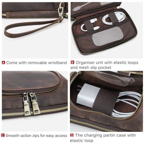 CONTACT'S FAMILY Leather Accessories Organizer Bag, Durable Storage Case for iPhone, AirPods, Charger, Cables, Portable Travel & Daily Use Compartment Bag (Coffee) — view 3