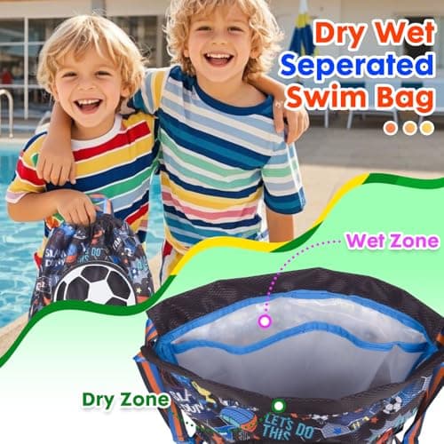 PinkSheep Swimming Bag for Kids, Gym Drawstring Backpack for Girls Boys - Waterproof Beach Bags with Shoes Compartment and Wet Proof Pocket for Swimming Pool Beach Travel School (Football) — view 4