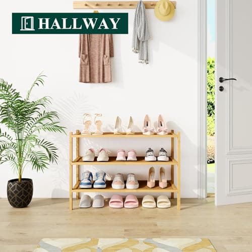 smiry Bamboo Shoe Rack, 3 Tier Shoe Organizer for Entryway & Living Room, Stackable Free Standing Storage Shelf for Shoes, Bags & Plants, Natural — view 5
