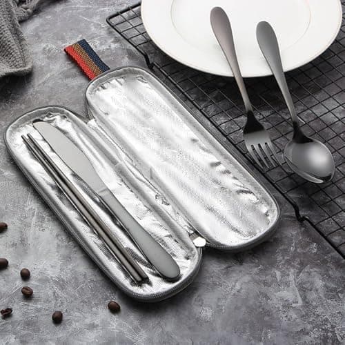 VANRA Portable Travel Utensils Set with Case 4-Piece Stainless Steel Camping Cutlery Set Reusable Silverware Set for Work Fork Spoon Knife Chopstick for Lunch Box School Picnic (Black) — view 2