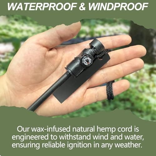 2 Pcs Flint Fire Starter Kit, Survival Fire Steel Premium Ferro Rod with 10 Pcs Fire Starter Hemp Rope, Including Whistle, Compass, Scraper with Scale for Camping Hiking Outdoor (Black) — view 5