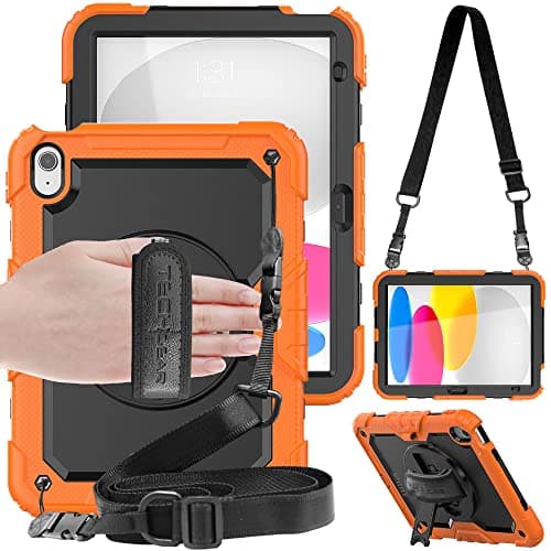 TECHGEAR UTILITY Case for iPad 11" A16 (11th Gen 2025) & 10.9" (10th 2022), Rugged Heavy Duty Shockproof Cover Screen Protection, 360 Stand, Hand & Shoulder Strap - for Work, School, Travel, Orange