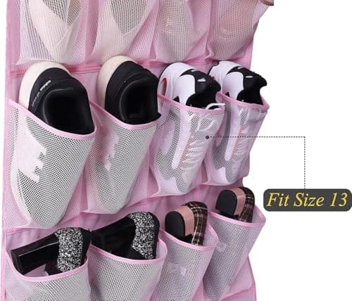 MISSLO Kids Over Door Hanging Shoe Storage Organiser Baby Organizer Hanging Shoe Rack Breathable 24 Large Mesh Pockets for Toddler Girl, Pink — view 3