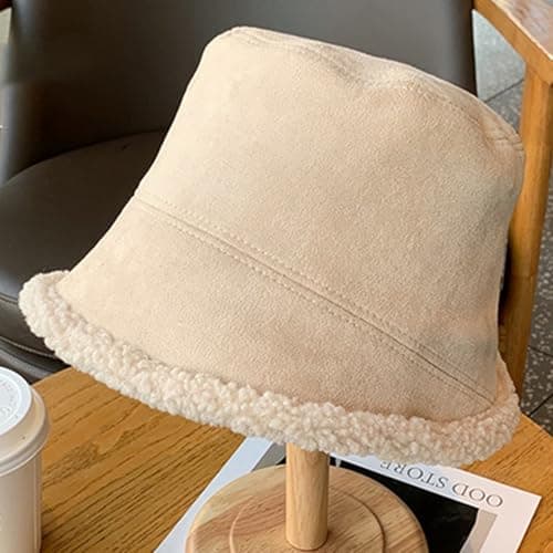 Women's Reversible Suede Bucket Hat Winter Hat Beige — view 4