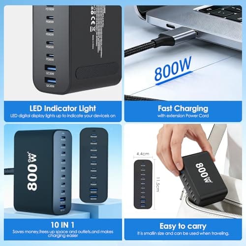 Gan Fast USB C Charging Station, 800W 10-Port USB C Charging Hub with 140W PD 100W PPS, Multi-Device Power Adapter Block for Laptop Phone Tablet Steam Deck — view 4