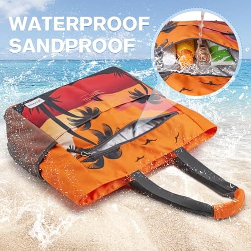 G4Free Large Beach Bag for Women Waterproof Sandproof Beach Tote Bag with Makeup Bag Zipper Pocket(Sunset Pattern) — view 3
