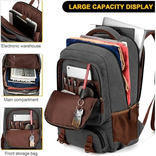 Tzowla Canvas Laptop Backpack Mens Womens,Vintage Travel Work Hiking Backpacks,School College Rucksack Fits 15.6-17.3 Inch Computer,Bookbag with USB Charging Port (Dark Grey, 15.6inch) — view 3