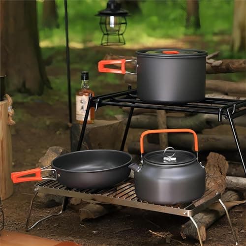 Hoquare Camping Cookware Set, 3pcs Nonstick Outdoor Aluminum Lightweight Camping Pan, Camping Pot, Portable 2-3 People Camping Cooking Kit for Travel, Camping, Hiking, Picnic, BBQ (Orange) — view 6