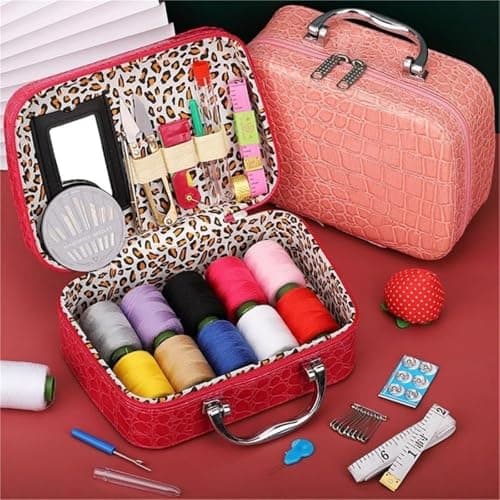 Wondolla Sewing Kit,Portable Sewing Kit in Faux Leather Case,Portable DIY Hand Made Craft Set,Big Eye Stainless Steel Needles Hand Sewing Kit for Handicraft Lovers (Pink) — view 2