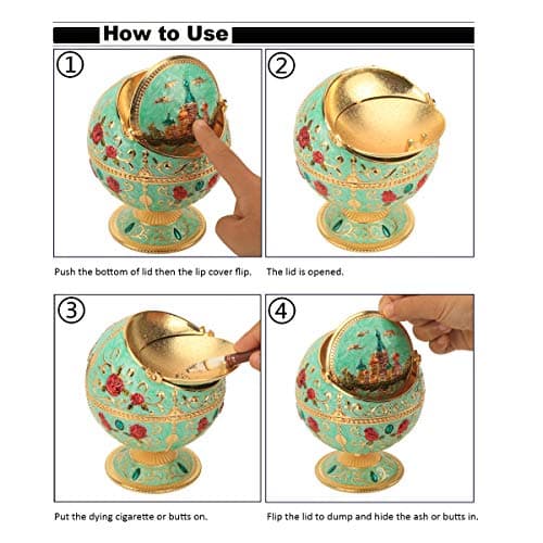 LAUYOO Windproof Ashtray with Lid for Cigarettes Metal Portable Cigar Ashtray Odor Eliminator for Indoor outdoor Hand Stamped Rose Pattern with Sparkle Fancy Gift for Men Women(Jade-green) — view 4