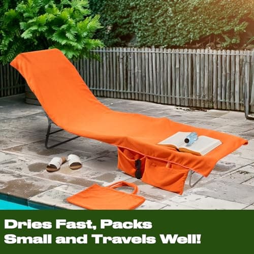Brentfords Sun Lounger Towels with Pockets, Microfibre Large Beach Towel in a Bag Sun Lounger Holiday Accessories Swimming Pool Quick Dry Travel Towels Summer Holiday Essentials - 215x75cm, Orange — view 4