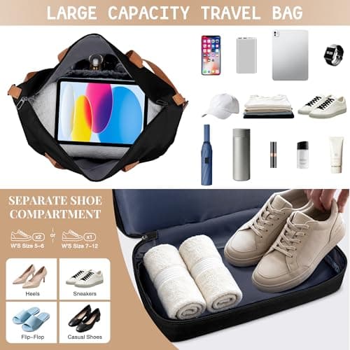 Travel Duffel Bag, Foldable Waterproof Overnight Holdall Bag, Carry On Luggage Weekend Bag with Wet and Dry Separation, Hospital Sports Gym Tote for Women and Men (Black) — view 3