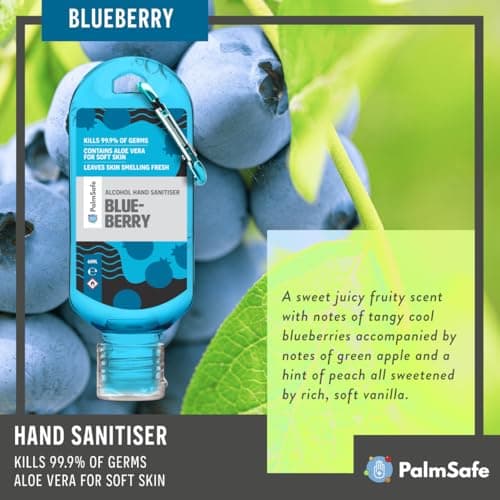 Palm Safe Blueberry 3 Pack 60ml Anti Bacterial Premium Hand Sanitiser Travel Size Refillable Clip Bottle Quick Drying Non Sticky Extra Moisturising Kills 99.9% of Viruses and Bacteria — view 4