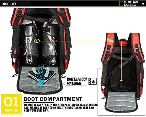 MERALIAN Ski Boot Bag - 50L Ski Boot Travel Backpack Waterproof Snowboard Boot Backpack for Travel Stores Gear Including Helmet, Goggles and Outerwear.(Red-03) — view 6
