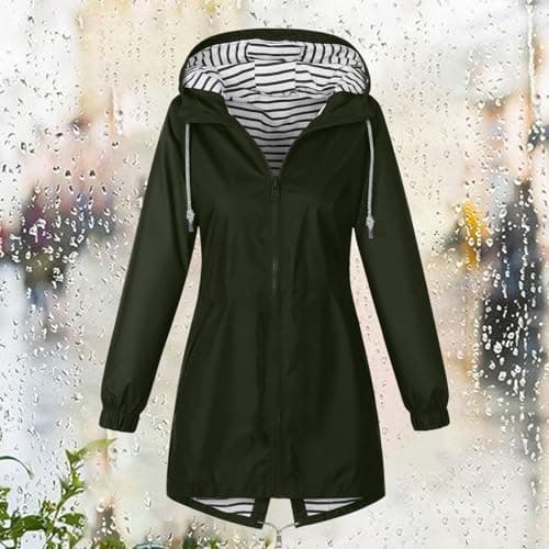 Saxrel Womens Waterproof Jackets Outdoor Walking Hiking Army Green Jacket Travel Hooded Rainproof Zipper Raincoat Ladies Coats Windproof Loose Light Rain Coat with Pocket Windbreaker — view 3