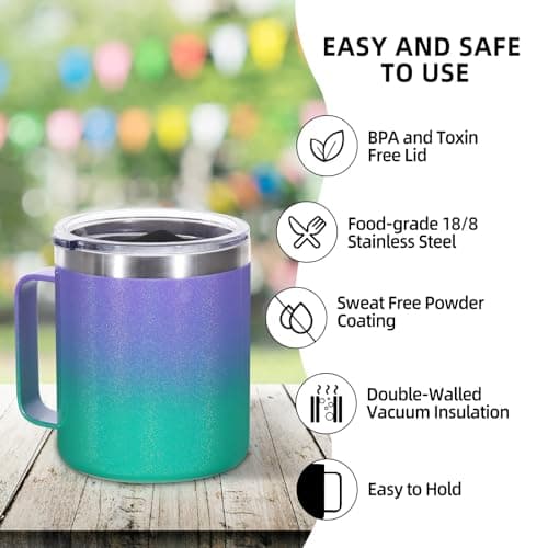 Volhoply 14oz Insulated Stainless Steel Coffee Mug with Leakproof Lid,Double Wall Vacuum Travel Coffee Cup with Handle,Reusable Metal Tumbler,Camping Mugs Keep Hot,Christmas Gifts(Purple Green,1) — view 4