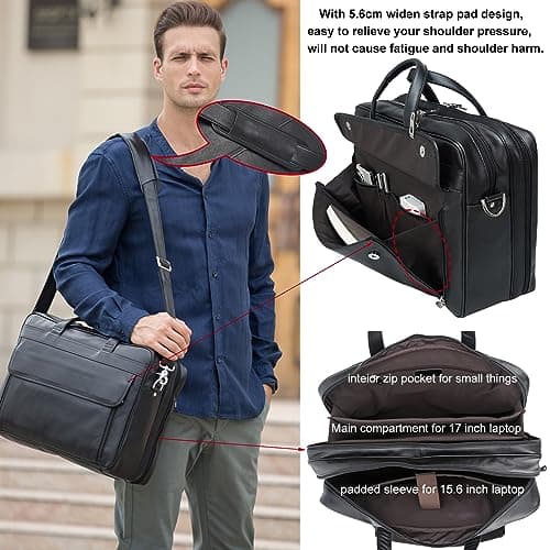 TIDING Full Grain Leather Men's Briefcase 15.6'',17.3 Inch Laptop Bag — view 6