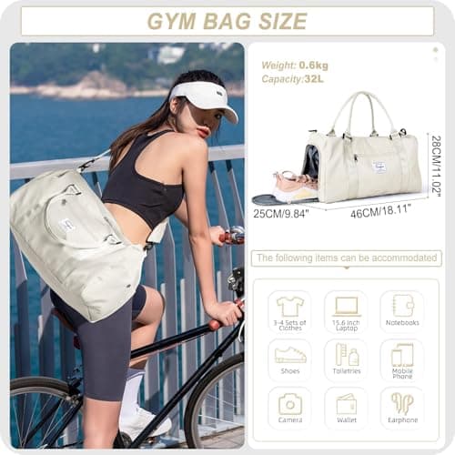 HYC00 Gym Bag Women Men with Shoes Compartment & Wet Pocket,for Easyjet Airlines Cabin Bag 45x36x20 Underseat Travel Duffel Bag Holdall Tote Carry on Luggage Overnight Bag Carry on Bag,Milky White — view 2
