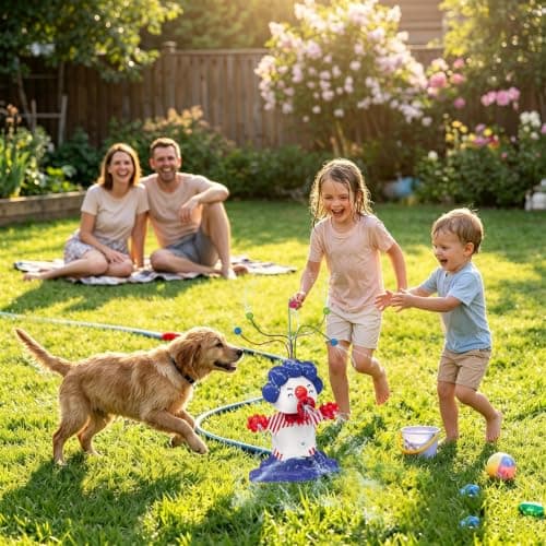 Water Sprinkler for Kids, Cute Clown Garden Water Toys Sprinkler with 5 Wiggle Water Tubes Sponge Balls Hose Adapters, Garden Toys for Toddlers Ages 3-8 for Lawn, Outdoor, Pool party — view 5