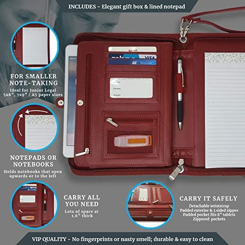 Lautus Designs Zippered Business Padfolio – Premium PU Leather Portfolio Organizer, Small Notepad & 8-Inch Tablet Sleeve – Binder for Work, Meetings & Travel – Burgundy — view 3