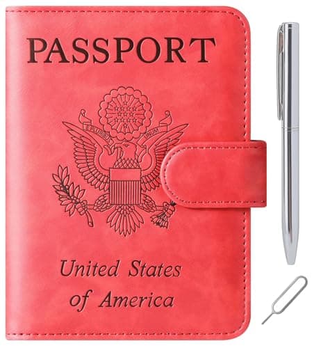 Passport Holder Wallet Travel Essentials Leather RFID Blocking Holiday Luggage Must-Have Travel Accessories for Men Women 120#Red Upgraded Design
