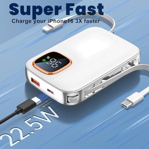 Power Bank Portable Charger with Built-in Cables, 22.5W Fast Charging 20000mah Powerbank, 4 Outputs & LED Display, USB C Battery Pack Compatible with iPhone and Android Smartphones — view 3
