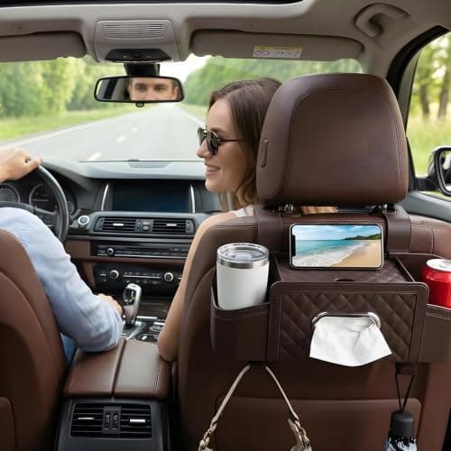 Car Seat Back Organizer with Cup Holder and Tissue Box, Plastic Multifunctional Storage Box for Car Travel Accessories, Cup Holders, Tissue Box and Hooks (Brown) — view 3