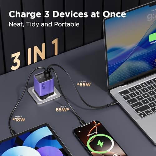 65W GaN USB C Charger 3-Port with Retractable 0.7m Cable(Purple) — view 2