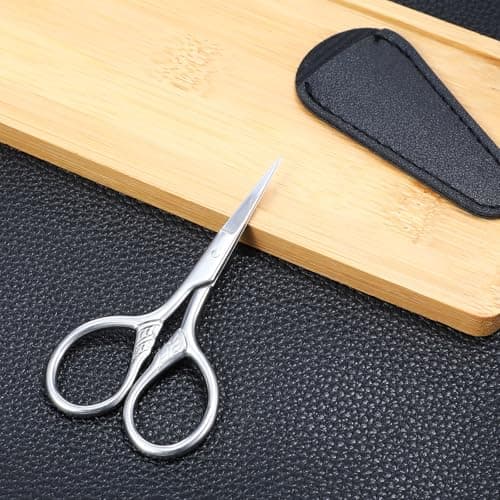 Small Scissors, Small Travel Scissors with Case, Stainless Steel Mini Scissor with Textured Handle, Multi-Purpose Vintage Beauty Grooming Kit for Facial Hair, Eyebrows, PU Leather Case — view 3