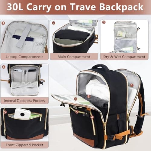POWER KING Travel Backpack for Womens Mens, Carry on Cabin Size Backpack 30L, Expandable Flight Bag Approved Hand Luggage for Airplanes, Laptop Rucksack 15.6 inch, Black — view 4