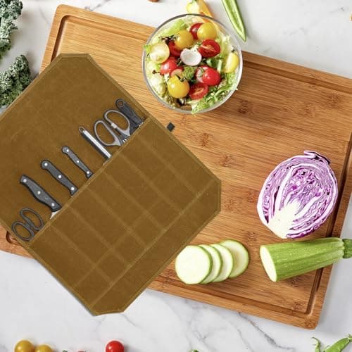 Megcdtr Knife Roll Bag, Knife Roll for Chefs, 7 Slots Waxed Canvas Knife Bags, Portable Tool Storage Bag with Drawstring, Suitable for Home Kitchens Camping Hiking and As a Gift for Chefs (Khaki) — view 6