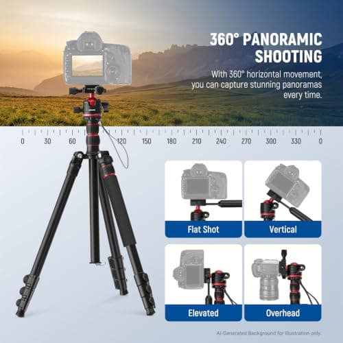 NEEWER BASICS TP08 Camera Tripod Monopod 77 Inch Compact Lightweight DSLR Travel Video Tripod 360° Ball Head Arca Type Quick Release Plate Inverted Centre Axis and 2 Cleaning Cloths, Max. Load 13 lb — view 4