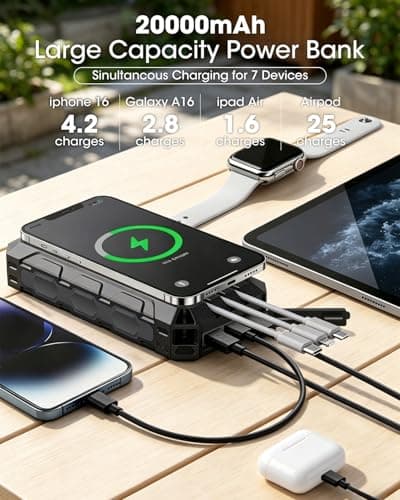 Solar Power Bank 20000mAh Built-in 3 Cables, Wireless Portable Charger 20W Fast Charging Battery Pack with USB C, Flashlight, Solar Charger for iPhone 17 16 Pad Galaxy Tablet Camping Travel (Black) — view 2
