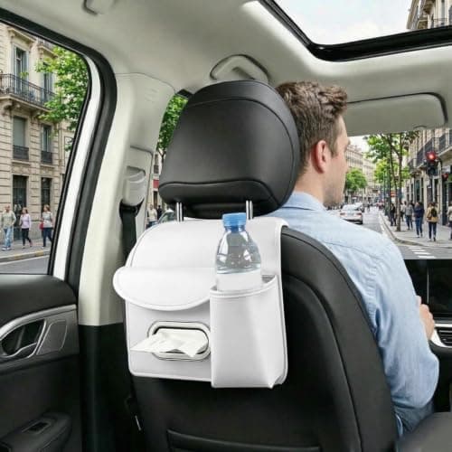 Car Seat Back Organizer with Tissue Box Cup Holder Leather Backseat Pocket Headrest Mounted Travel Caddy Rear Passenger Essentials Road Trip Interior Accessory for Suv Truck Vehicle，A — view 6