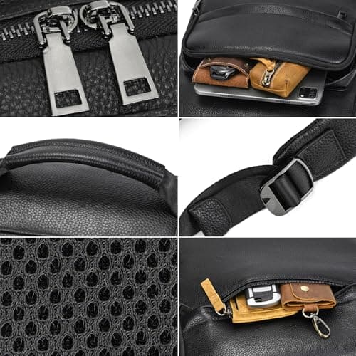 newsbirds Genuine Leather 15.6 Inch Laptop Backpack for Men Women, Business Travel Bag Hiking Rucksack Backpack Daypack, 8019 Black — view 5