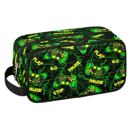 Travel Toiletry Bag for Boys Kids - Green Video Game Waterproof Hanging Dopp Kit for Men, Shaving Bag with Large Capacity for Bathroom, Sports, Shower