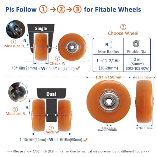 Luggage Wheels Replacement Kit 4PC Diameter 2in/50mm Thick 0.7in/18mm PU Wheels with Ball Bearing 3 Size Axles Full Set Repair Tool for Suitcase Trolley Bag Draw-bar Travel Box — view 2
